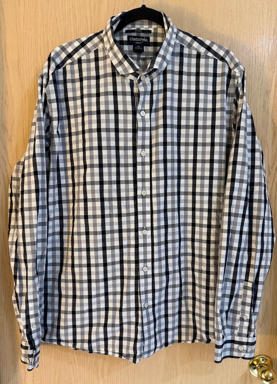 Claiborne Men’s XXL Slim Fit Black Gray White Plaid Button Down Shirt